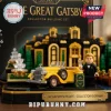 The Great Gatsby Art Deco Diorama Building Set featuring a yellow vintage car, mansion background, and Gatsby minifigure.