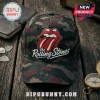 The Rolling Stones Camouflage Classic Cap featuring a red tongue and lips logo on a green, brown, and black camo print fabric.