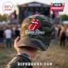 The Rolling Stones Camouflage Classic Cap featuring the iconic red tongue and lips logo embroidered on green camo fabric.
