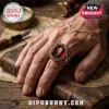 Tim Curry In Loving Memory 1946-2026 Ring featuring an actor portrait, gold-tone metal, and ruby-red enamel on a finger.