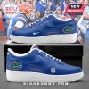 University of Florida Gators Blue Custom Air Force 1 Sneakers featuring team logos and white soles on a black box.