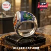 University of Florida Gators Championship Ring with blue enamel, gator mascot logo, and engraved text on a marble base.