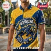 University of Michigan Wolverines Textured Polo Shirt featuring a blue wolverine logo, yellow fabric, and football graphic.