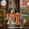 University of Tennessee Mascot Crochet Car Ornament featuring a plush dog in an orange team jersey holding a large T logo.