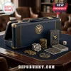 West Virginia Mountaineers Navy Blue 300-Piece Poker Set in a textured case with gold hardware, chips, and branded cards.