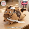 Wild Pony Cute Plush Pillow shaped like a tan cartoon horse with a number 01 saddle and a white fabric strip in its mouth.