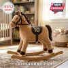 Wild Pony Cute Plush Pillow rocking horse with tan fur, dark brown mane, and a saddle featuring the number 10.