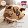 Wild Pony Cute Plush Pillow shaped like a tan cartoon horse with a brown saddle featuring the number 01 on a white bed.