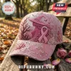 Witch Breast Cancer Awareness Pink Baseball Cap featuring embroidered witch silhouette, pink ribbon, and lace floral details.