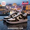 WNBA Skyline Edition Custom Nike Air Force 1 sneakers featuring black and white leather with gold Las Vegas Aces details.