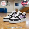 WNBA Spider-Man Edition Custom Nike Air Force 1 Sneakers featuring black spiderweb patterns, purple swooshes, and white soles.