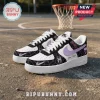 WNBA Spider-Man Edition Custom Nike Air Force 1 Sneakers featuring black and white spider-web patterns and lavender swooshes.