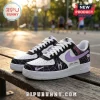 WNBA Spider-Man Edition Custom Nike Air Force 1 Sneakers featuring black spiderweb patterns, lavender swooshes, and white.
