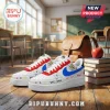 WNBA Team Back to School Custom Nike Air Force 1 Sneakers featuring white leather, red trim, blue swoosh, and graffiti art.