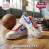 WNBA Team Back to School Custom Nike Air Force 1 Sneakers featuring white leather with blue swooshes and graffiti graphics.