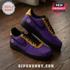 WNBA Teams All-Star Back 2 Black Nike Air Force 1 sneakers in purple, black, and yellow leather on a wood floor.