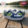 WNBA Teams Custom Nike Air Force 1 Low Sneakers featuring blue and white leather with bright green swooshes on a dock.