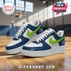 WNBA Teams Custom Nike Air Force 1 Low Sneakers featuring navy, white, and lime green accents on a basketball court floor.