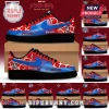 WNBA x Spider-Man Air Force 1 Custom Sneakers featuring red and blue spider-web patterns, team logos, and black soles.