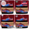 WNBA x Spider-Man Air Force 1 custom sneakers featuring red, blue, and white team logos on black rubber soles.
