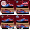 WNBA x Spider-Man Air Force 1 Custom Sneakers featuring red and blue spiderweb patterns with team logos and black soles.