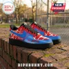 WNBA x Spider-Man Air Force 1 Custom Sneakers featuring red and blue leather, spider-web patterns, and custom text.