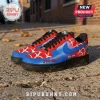 WNBA x Spider-Man Air Force 1 custom sneakers featuring red, blue, and black panels with spider web patterns.