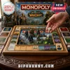 World of Warcraft Monopoly Collector Edition Board Game with miniature character figures, wooden board, and rolling dice.