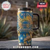 Yeti Los Angeles Chargers 66th Anniversary tie-dye tumbler with blue and yellow swirled pattern and team logo.