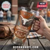 YETI Texas Longhorns 133rd Anniversary tumbler with white bull logo, brown camouflage texture, and metal straw.