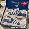 Zeta Phi Beta Howard University White Blue Sneakers featuring dove motifs, pearl accents, and Greek letters in a blue box.
