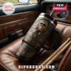 ZZ Top Frank Beard 1949-2026 Stanley Tumbler in matte black with gold engraved portrait, drum kit, and signature graphics.