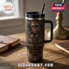 ZZ Top Frank Beard 1949-2026 Stanley Tumbler in black with gold graphic, straw, and drum kit illustration on wood table.