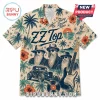 ZZ Top Sharp Dressed Man Hawaiian shirt with band portraits, hot rod, and guitar on a beige tropical floral background.