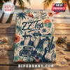 ZZ Top Sharp Dressed Man Hawaiian shirt featuring band members, hot rod, and guitar graphics on a beige tropical print.