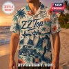 ZZ Top Sharp Dressed Man Hawaiian shirt featuring band member portraits, a hot rod, guitar, and tropical palm trees.
