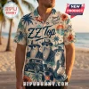 ZZ Top Sharp Dressed Man Hawaiian shirt featuring band members, hot rod, and guitar graphics on a beige tropical background.