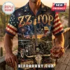 ZZ Top Vintage Texas Tour Hawaiian shirt featuring American flag patterns, classic hot rod, guitar, and desert landscape.