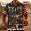 ZZ Top Vintage Texas Tour Hawaiian Shirt with American flag, electric guitar, hot rod, cactus desert, and fireworks art.