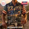 ZZ Top Vintage Texas Tour Hawaiian shirt featuring an electric guitar, hot rod car, Texas flag, and desert landscape.