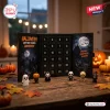 2026 Halloween Mystery Figure Advent Calendar with 24 numbered slots and miniature spooky figurines on a wooden table.