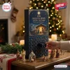 2026 Nativity Story Advent Calendar featuring a blue box with gold star art and 24 numbered drawers on a wooden table.