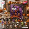 Front view of 2026 Snoopy Halloween custom advent calendar box with various themed hanging ornaments on a wooden table.
