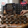 2026 Space Exploration Legends Advent Calendar with a dark box and 24 miniature spacecraft figures on a wooden display.