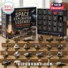2026 Space Exploration Legends Advent Calendar with 24 miniature spacecraft models displayed on a tiered wooden shelf.