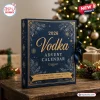 2026 Vodka Advent Calendar featuring a navy blue box with gold snowflake patterns on a rustic wooden table at Christmas.
