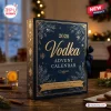 2026 Vodka Advent Calendar featuring a blue rectangular box with gold snowflake patterns on a wooden holiday table.