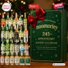 Front view of a green 2026 whiskey advent calendar box with a red bow next to twenty-four miniature bottles of whiskey.