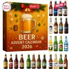 Front view of a 2026 beer advent calendar box with a gold background and illustrated beer mugs, surrounded by beer ornaments.