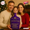 Family posing with a purple bottle-shaped 2026 Whiskey Advent Calendar in front of a holiday tree.